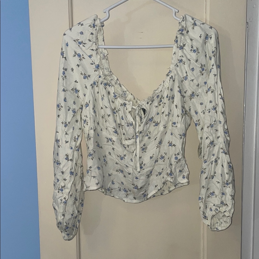 Wild Fable Cream Blouse with Blue Floral Design